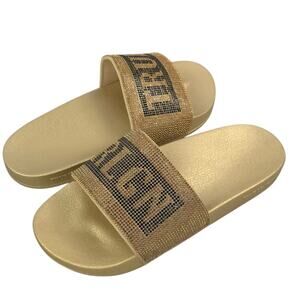 True Religion Jasmin Slide Sandals Gold Bling Rhinestone Studded Spellout